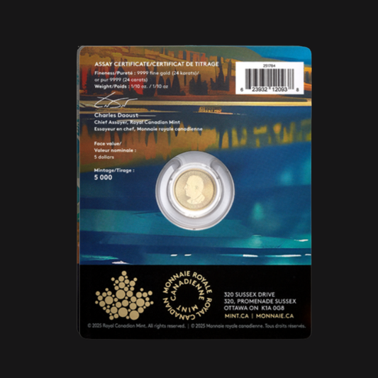 Pièce en or pur .9999 - 5$ (1/10 oz) - MRC- Précieuse Feuille d’érable - Marque privée : Loup - Produit d'investissement 2026