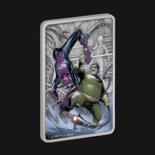 Pièce 1 oz argent pur – Marvel Comics : Docteur Octopus – Recto incliné – Groupe Conquer'or