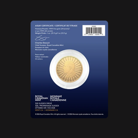Le Majestueux Loup 2026 – Pièce de 1 oz en or pur .9999 de la Monnaie royale canadienne avec emballage officiel verso | Groupe Conquer'or