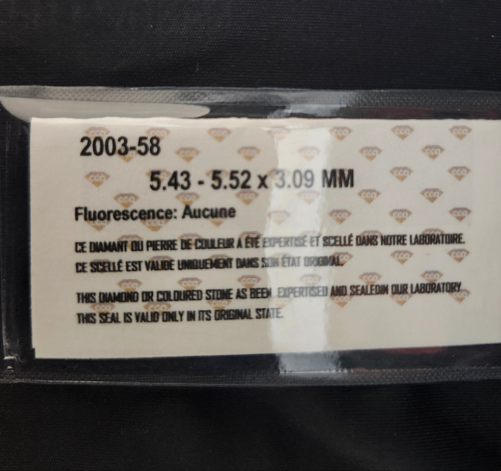 Diamant naturel certifié (0,57 ct) - pureté SI3 couleur G - Centre de Gemmologie du Québec