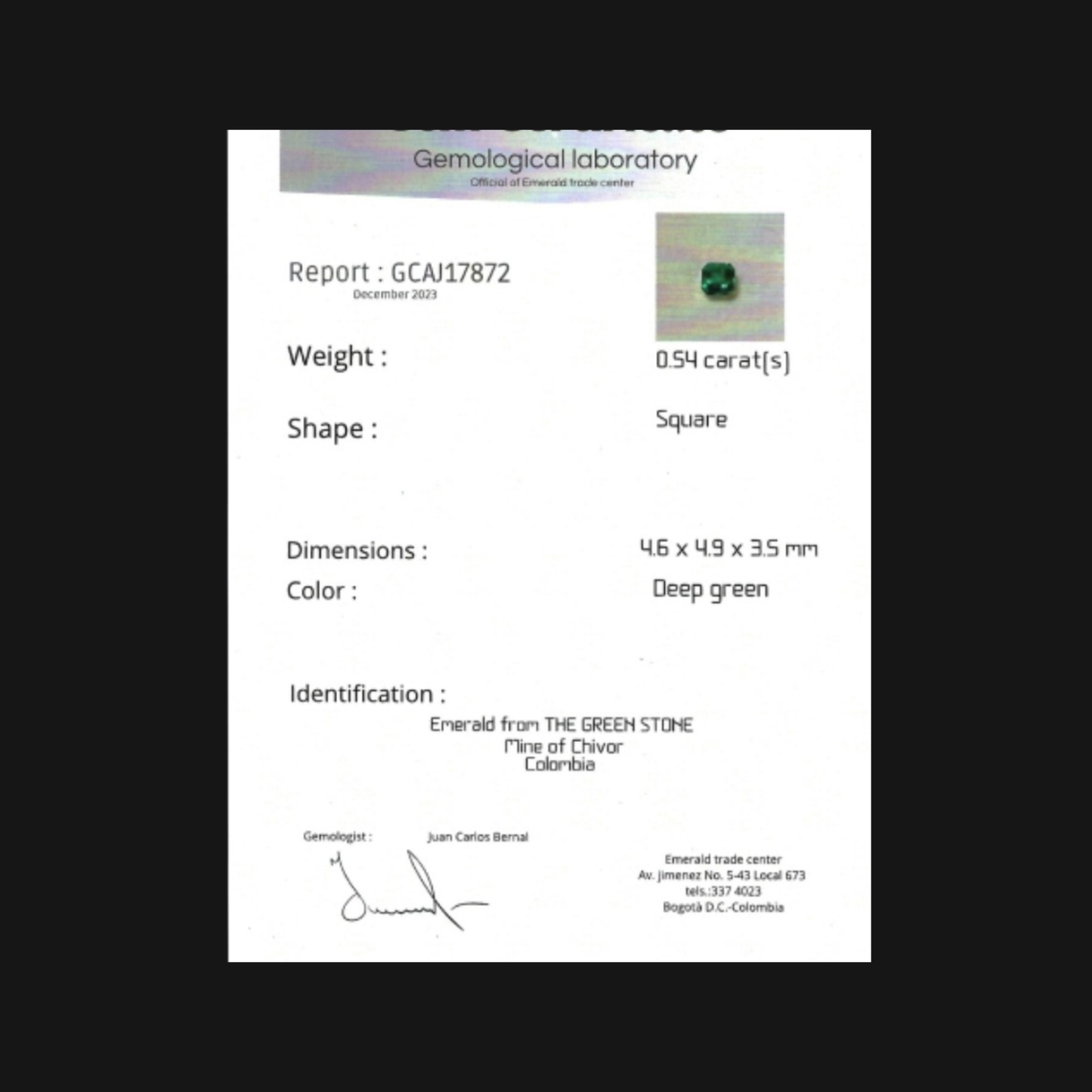 Émeraude naturelle 0,54 ct – brillance et couleur verte détaillées – Certificat - Certifiée Mine de Chivor Colombie – Conquer’or