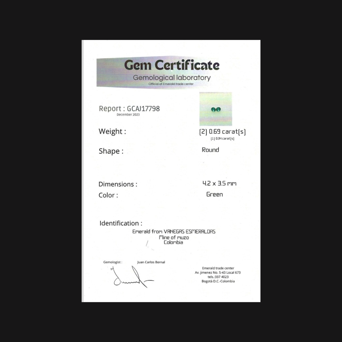 Émeraudes naturelles -lot de 2 - 0,69 ct – Certificat – Certifiées Mine de Muzo, Colombie – Conquer’or