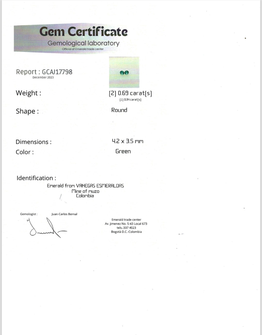 Émeraudes Naturelles (0,69 ct) - lot de 2 pierres – Certifiées Mine de Muzo (Colombie)