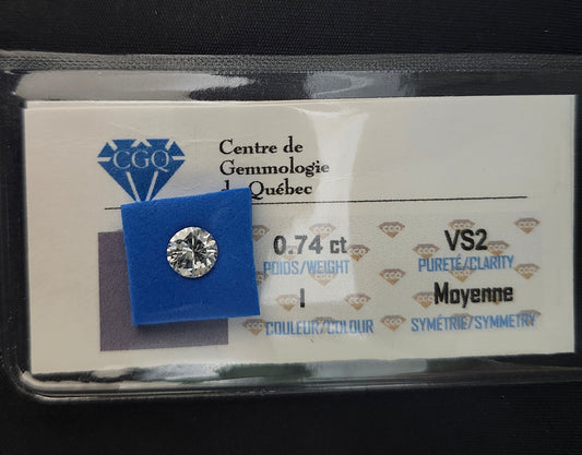 Diamant naturel certifié (0,74 ct) - pureté VS2 couleur I - Centre de Gemmologie du Québec