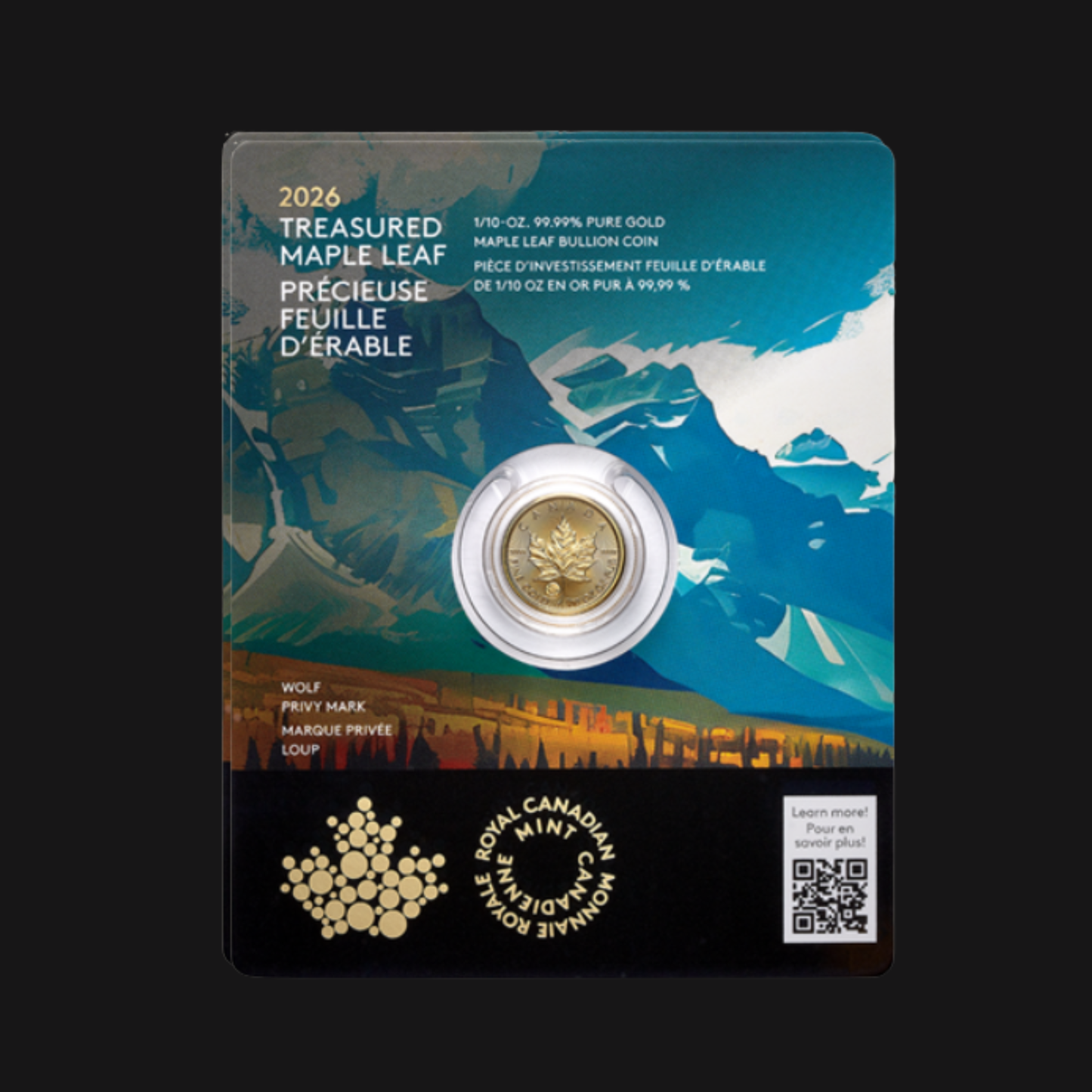 Pièce en or pur .9999 - 5$ (1/10 oz) - MRC- Précieuse Feuille d’érable - Marque privée : Loup - Produit d'investissement 2026