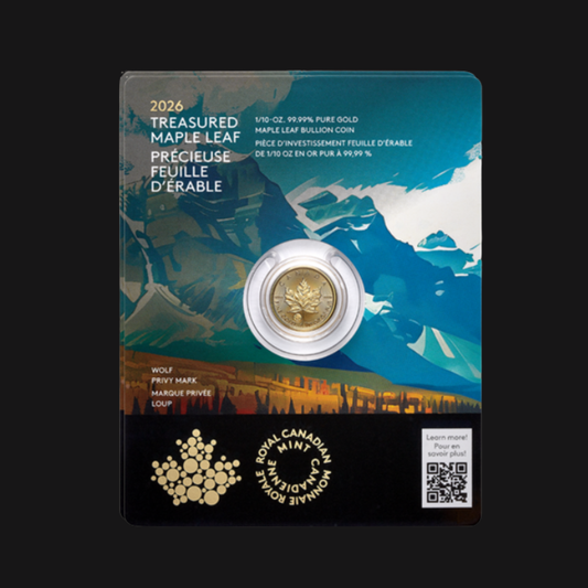 Pièce en or pur .9999 - 5$ (1/10 oz) - MRC- Précieuse Feuille d’érable - Marque privée : Loup - Produit d'investissement 2026