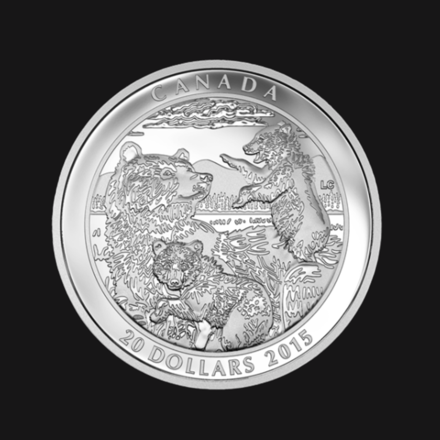 Pièce 1 oz argent pur – Le grizzli : La famille (2015) – RCM – Recto – Groupe Conquer'or