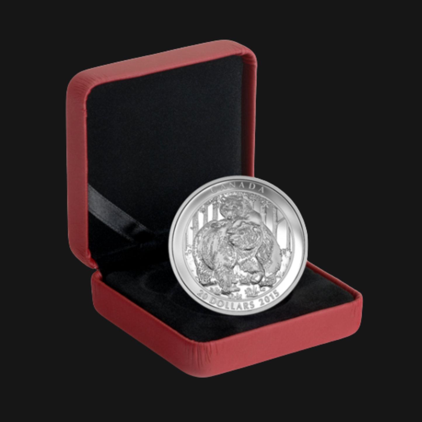 Pièce 1 oz argent pur – Le grizzli : Tendres moments (2015) – RCM – Recto Emballage ouvert – Groupe Conquer'or