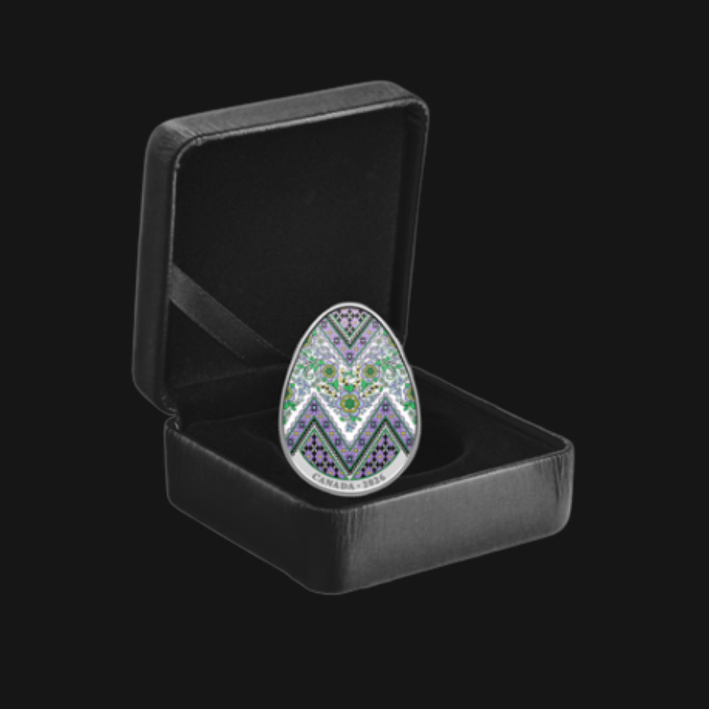 Pièce Œuf Pysanka 2026 en argent pur 1 oz – motif floral coloré – RCM – recto – emballage - Groupe Conquer’or