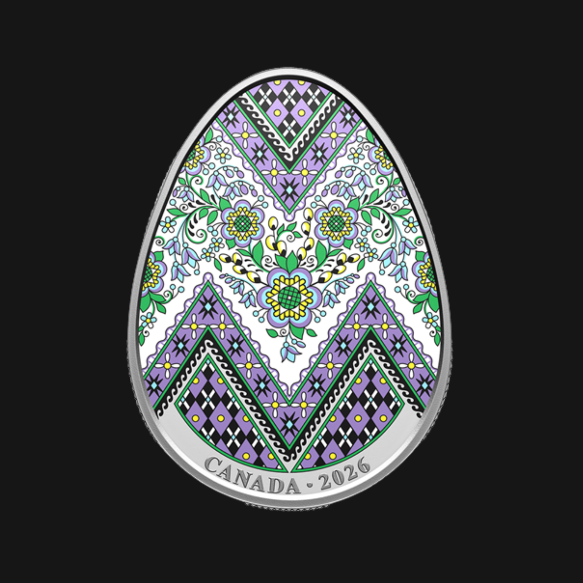 Pièce Oeuf Pysanka 2026 en argent pur 1 oz – motif floral coloré – RCM – recto – Groupe Conquer’or
