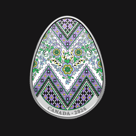 Pièce Oeuf Pysanka 2026 en argent pur 1 oz – motif floral coloré – RCM – recto – Groupe Conquer’or