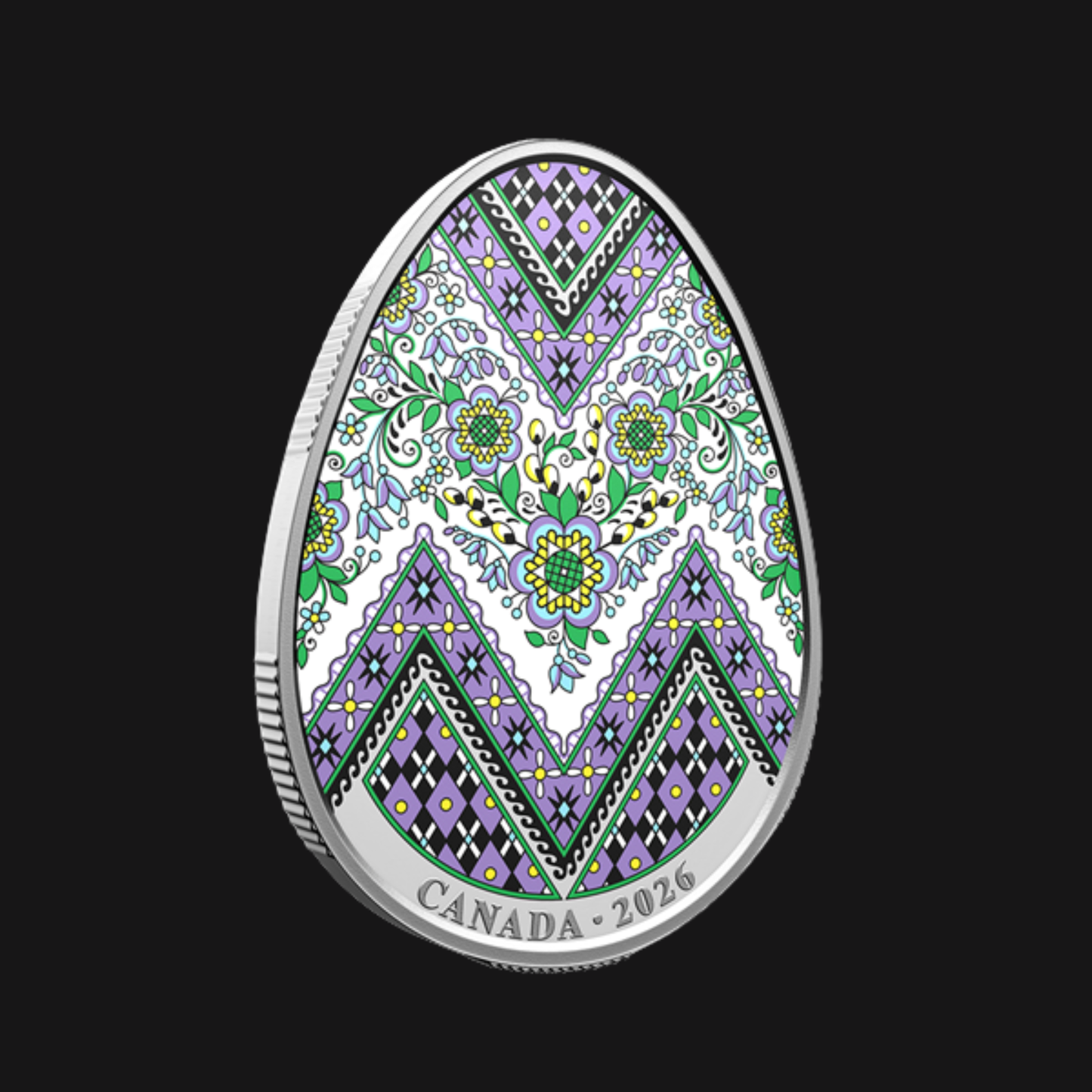 Pièce Oeuf Pysanka 2026 en argent pur 1 oz – motif floral coloré – RCM – recto – incline - Groupe Conquer’or