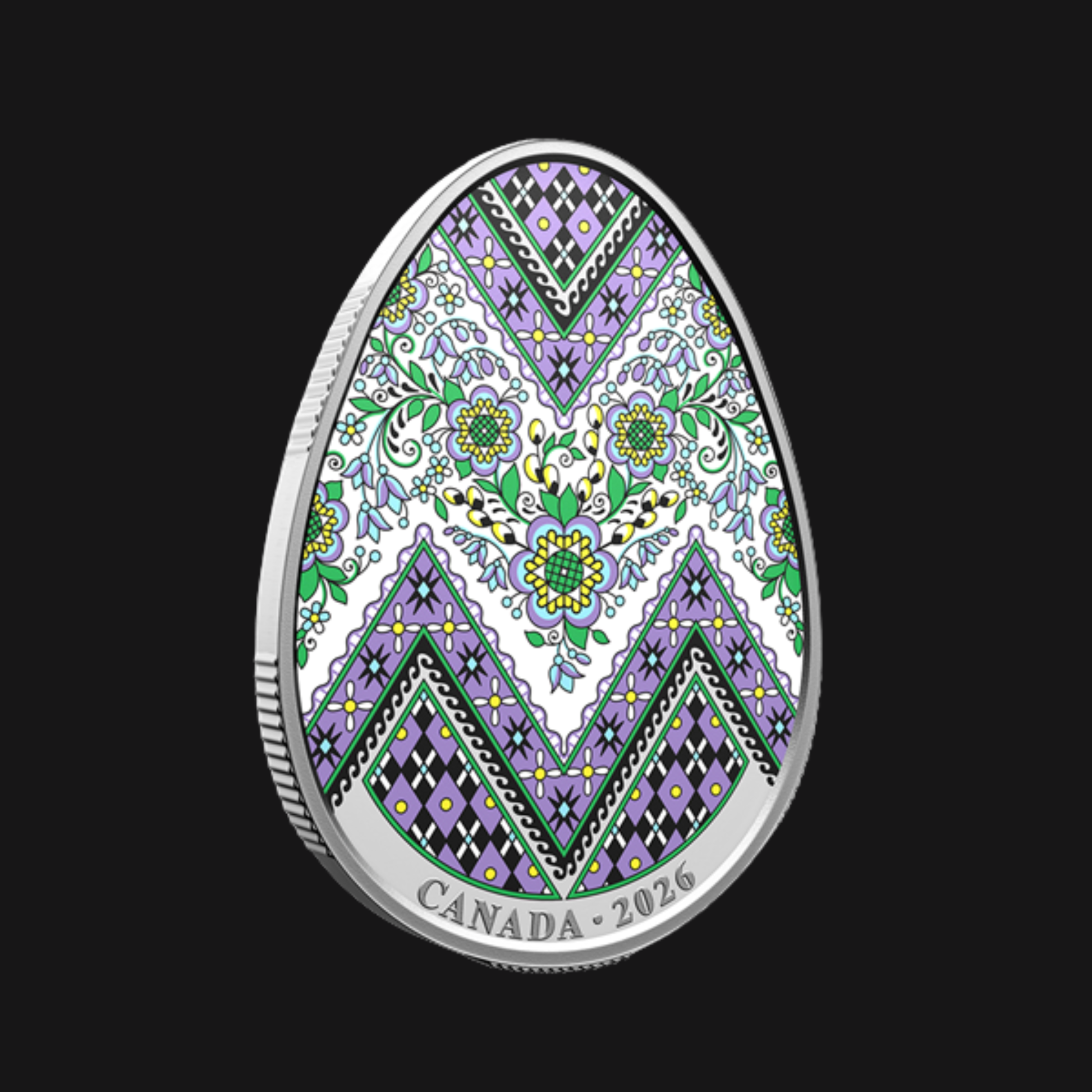 Pièce Oeuf Pysanka 2026 en argent pur 1 oz – motif floral coloré – RCM – recto – incline - Groupe Conquer’or