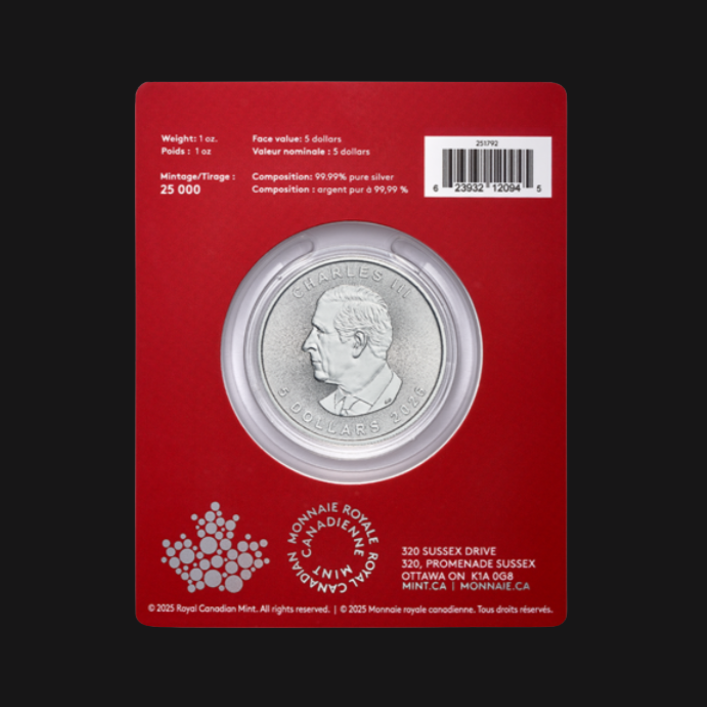 Pièce en argent fin .9999 – 5 $ (1 oz) – MRC – Précieuse Feuille d'érable, Marque privée : Année du Cheval – Pièce d'investissement 2026