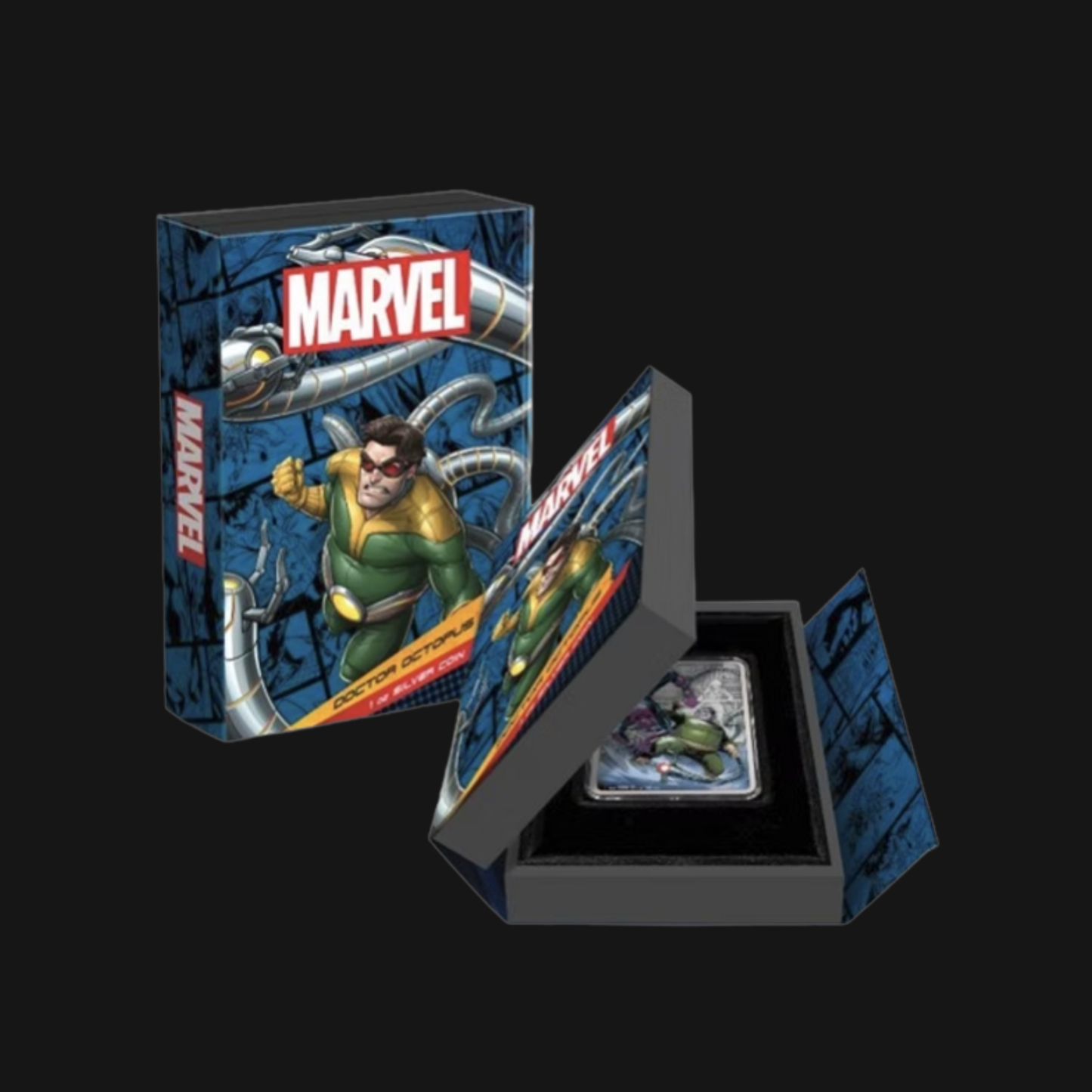 Pièce 1 oz argent pur – Marvel Comics : Docteur Octopus – Coffret ouvert et boite – Groupe Conquer'or