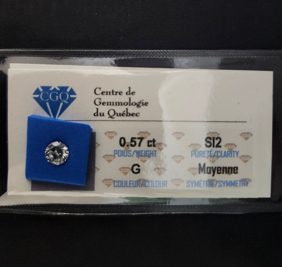 Diamant naturel certifié (0,57 ct) - pureté SI3 couleur G - Centre de Gemmologie du Québec