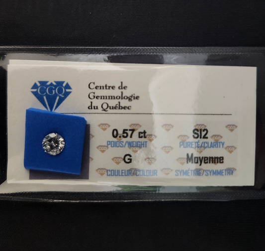 Diamant naturel certifié (0,57 ct) - pureté SI3 couleur G - Centre de Gemmologie du Québec