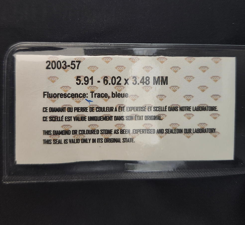 Diamant naturel certifié (0,74 ct) - pureté VS2 couleur I - Centre de Gemmologie du Québec