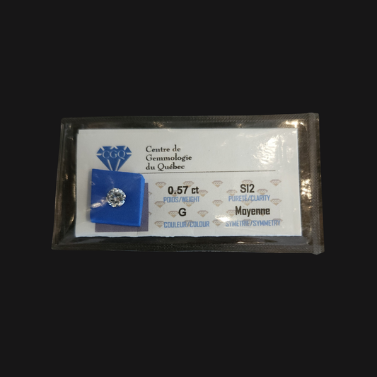 Diamant naturel 0,57 ct SI2 couleur G – emballage - Certifié Centre de Gemmologie du Québec – Conquer’or