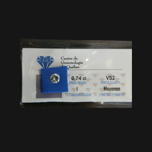 Diamant naturel 0,74 ct VS2 couleur I – emballage - détails du facettage – Certifié Centre de Gemmologie du Québec – Conquer’or