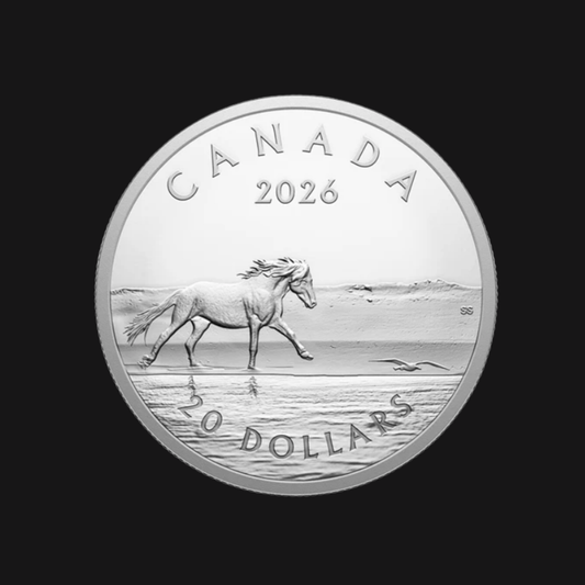 Pièce 1 oz argent pur – Les Chevaux de l'île de Sable (2026) – Monnaie royale canadienne – Recto – Groupe Conquer'or