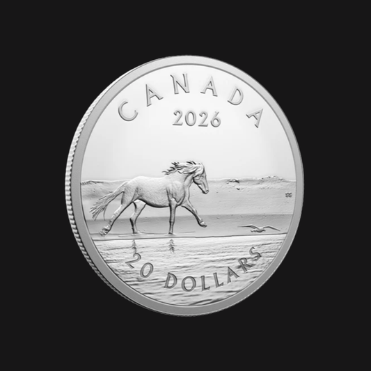 Pièce 1 oz argent pur – Les Chevaux de l'île de Sable (2026) – Monnaie royale canadienne – Recto incliné – Groupe Conquer'or