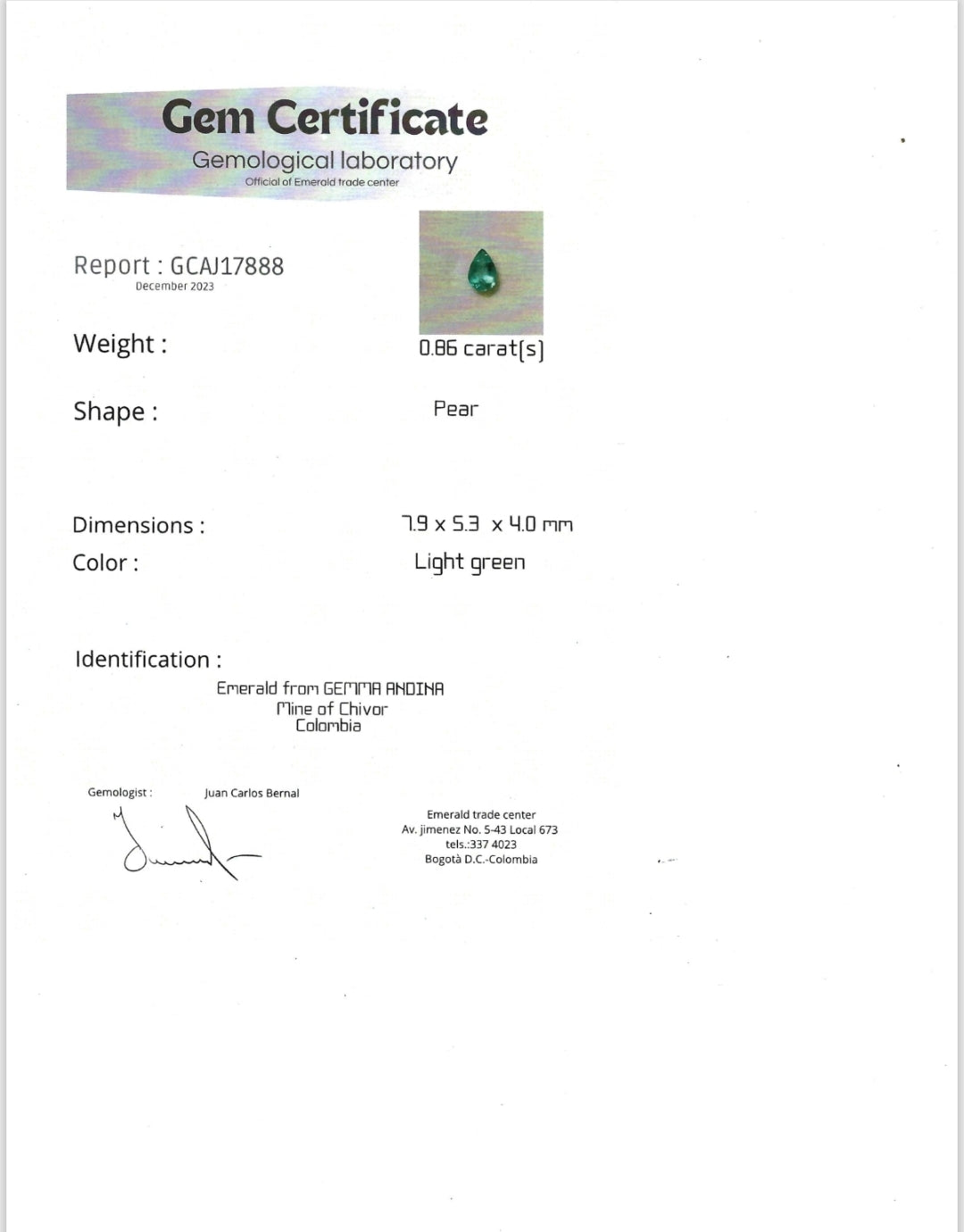 Émeraude Naturelle (0,86 ct) – Certifiée Mine de Chivor (Colombie)